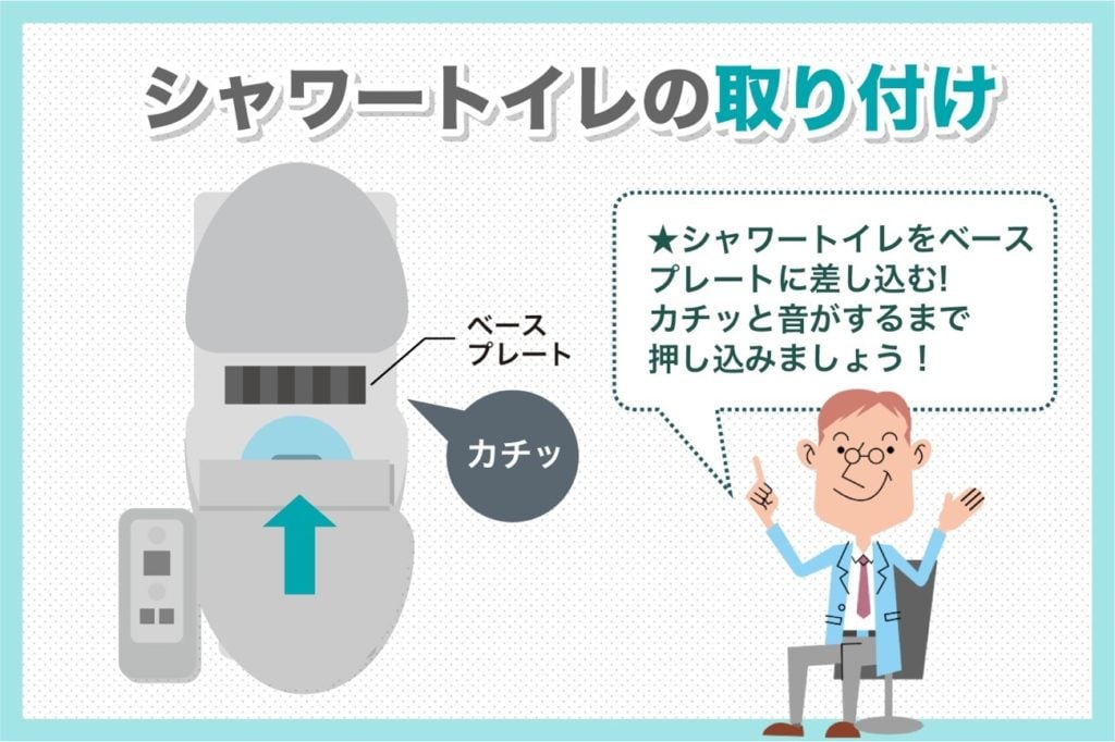 シャワートイレの取り付け方は、プレートにカチっと音がするまで押し込みましょう。