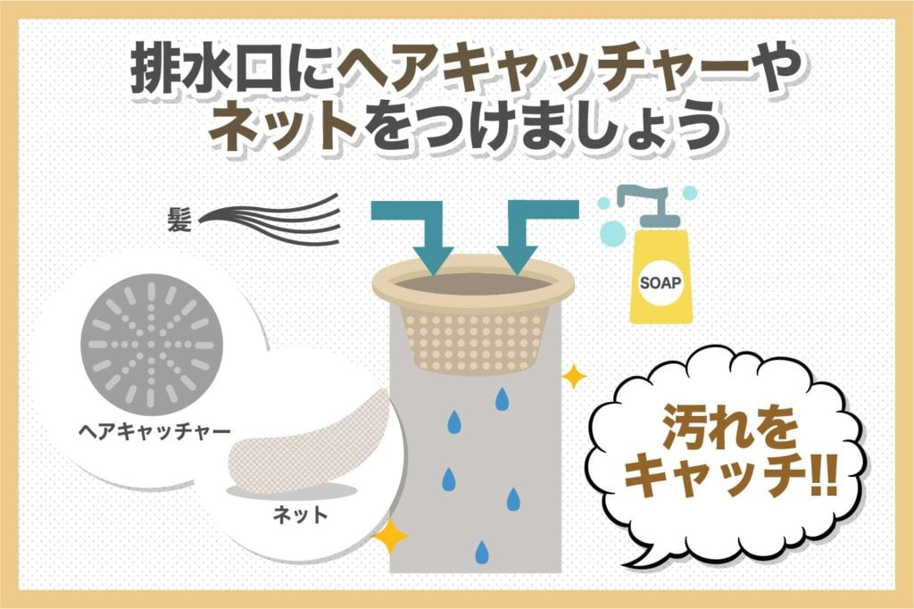 排水口にヘアキャッチャーやネットを取り付けて汚れをキャッチ