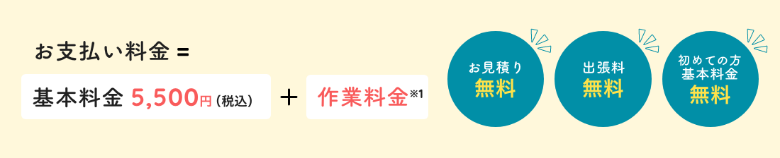 お支払い料金=基本料金 5,500円（税込）＋基本料金 5,500円（税込）「お見積り　無料」「出張料　無料」「初めての方 基本料金　無料」
